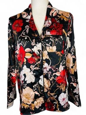 Stars Above Size Small S Button Down Pajama Top Shirt Long Sleeve Floral Black